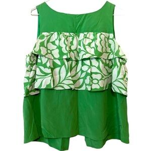 Tibi New York 100% Silk Green and White Floral Button Back Top Size 10